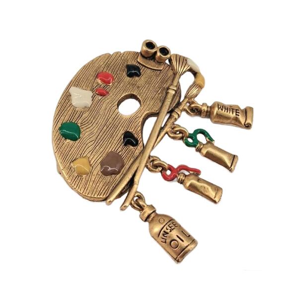 Danecraft Gold Tone Painters Palette Dangle Brooch, Paint Tubes Charms, Signed - Picture 2 of 11